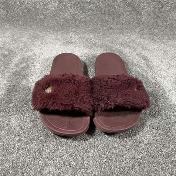 Crocs Sloane Luxe 205968 Women’s Sz 10 Burgundy Faux Fur Gold Slide Mule Sandal - Picture 2 of 11